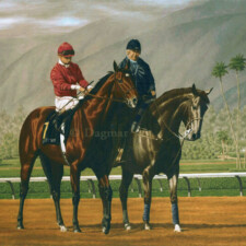 Desert Wine, Chris McCarron up Two horses and riders in racetrack landscape.