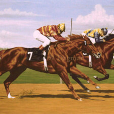 Racing Scene no. 1 Two horses and riders in racetrack landscape.