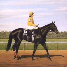 Swale, Laffit Pincay, Jr. up Horse and rider on racetrack.