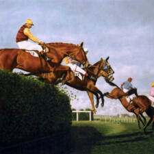 Horses and riders going over a jump.