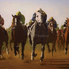 Lady's Secret Head on view of racehorses and riders.