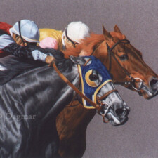 Close up of two racehorses and riders.